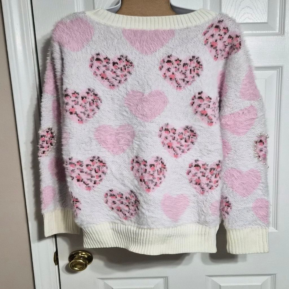 Pink and White Leopard Print Heart Pattern Women's Sweater Size X Large NWOT - Picture 8 of 11